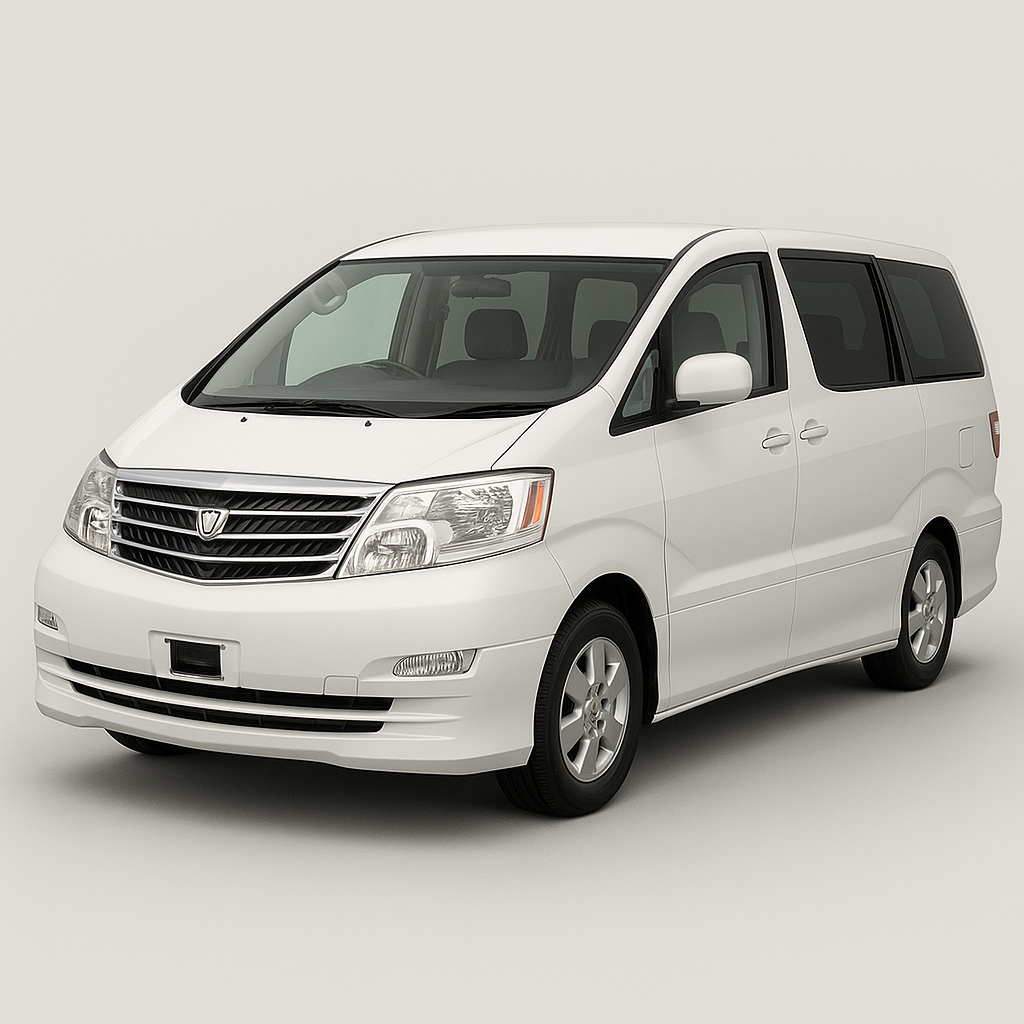 スタジオ背景に配置された白のトヨタ アルファード（10系前期型）｜車体デザインが際立つ三面図イメージ