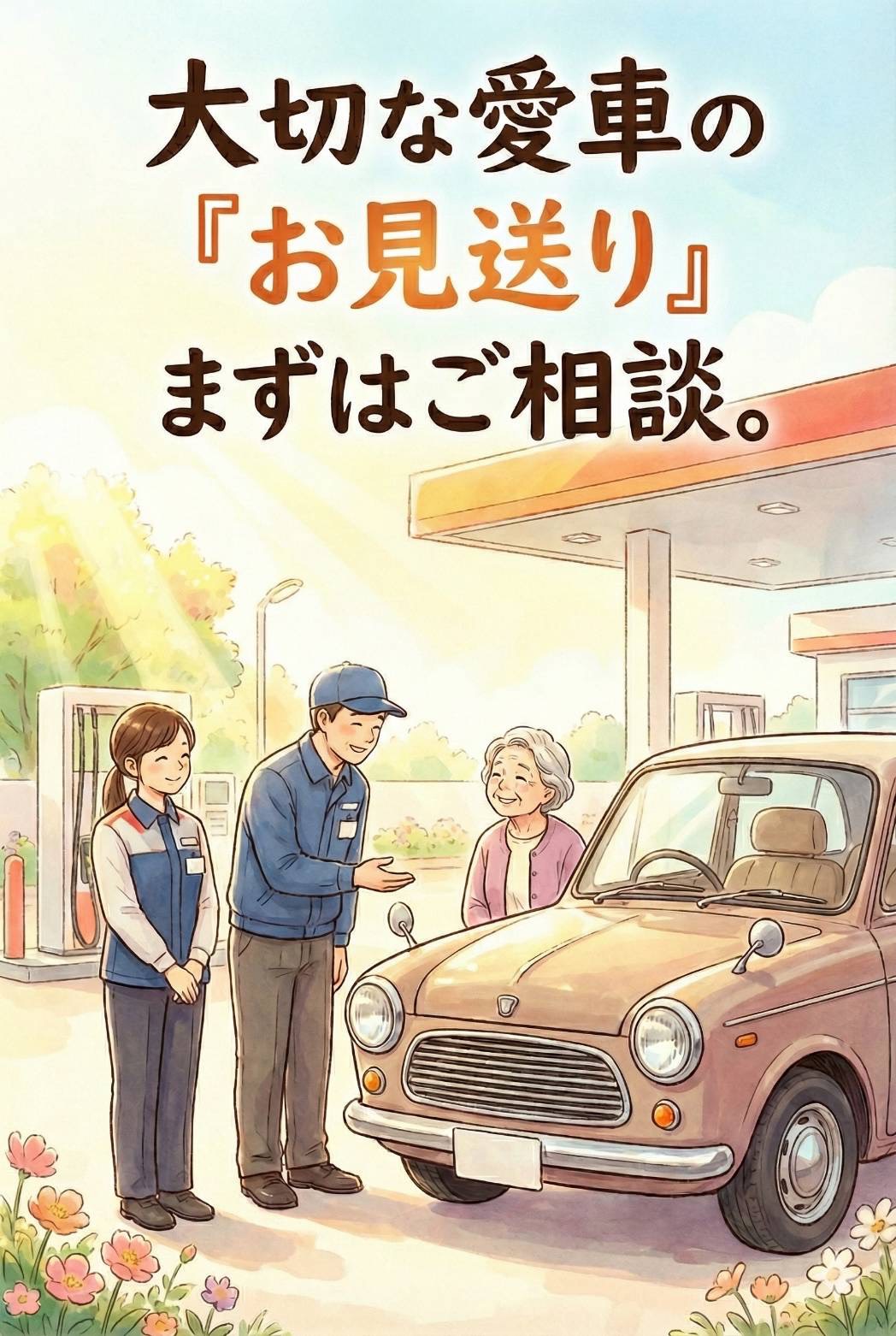 高齢者のお客様へ安心して車のお見送り相談ができることを伝える案内イメージ